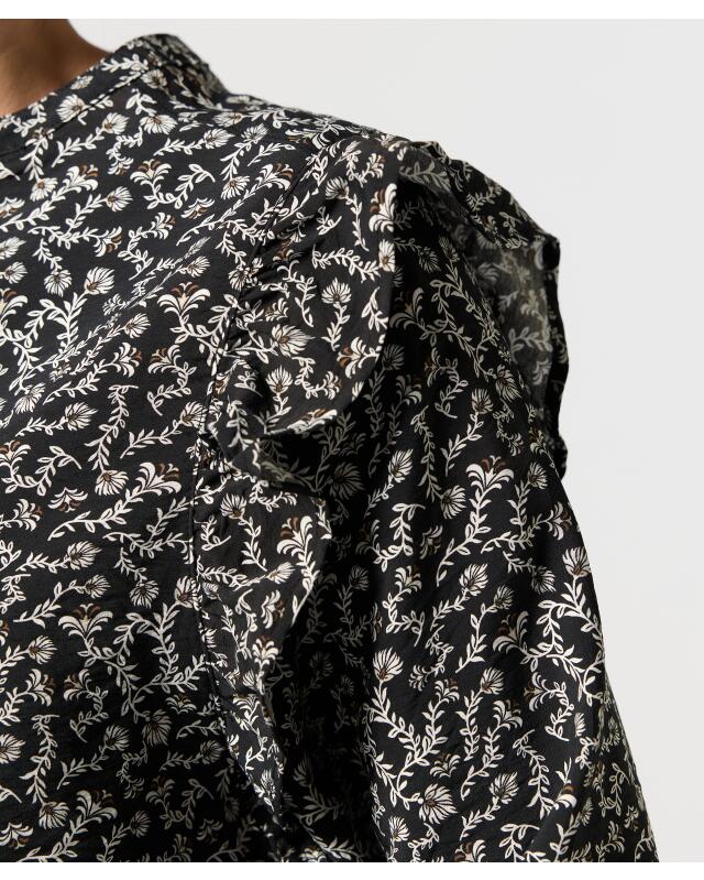 Blouse with ruffles for women, black printed (KiK Bluse mit Rüschen (schwarz bedruckt)) — KiK, authentic German product in Morocco