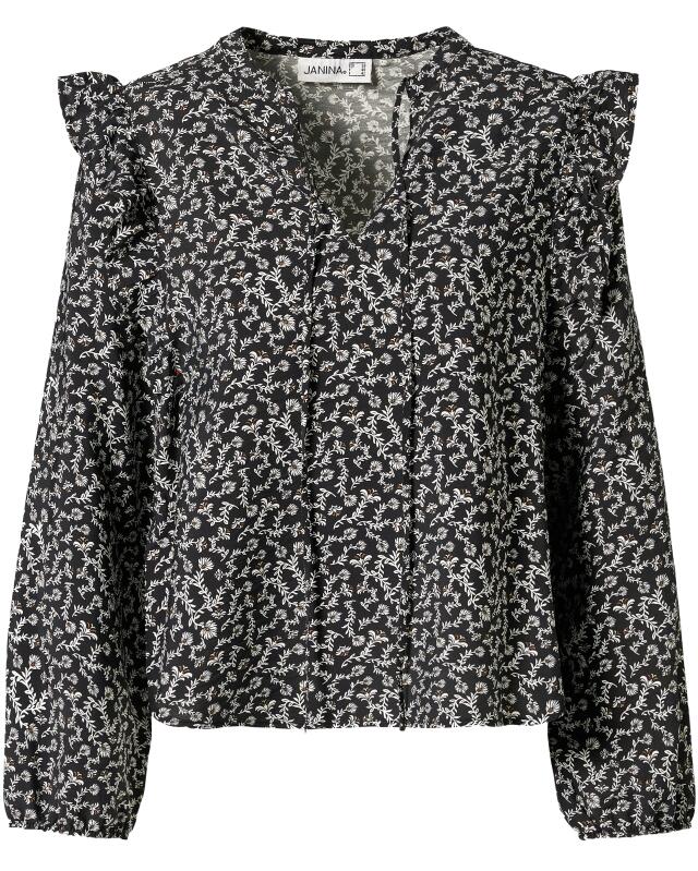Blouse with ruffles for women, black printed (KiK Bluse mit Rüschen (schwarz bedruckt)) — KiK, authentic German product in Morocco