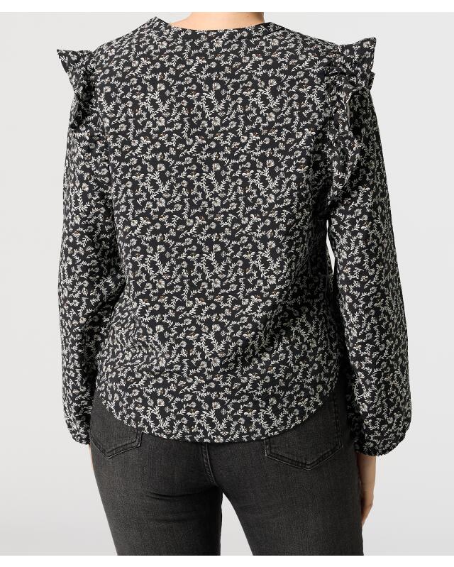 Blouse with ruffles for women, black printed (KiK Bluse mit Rüschen (schwarz bedruckt)) — KiK, authentic German product in Morocco