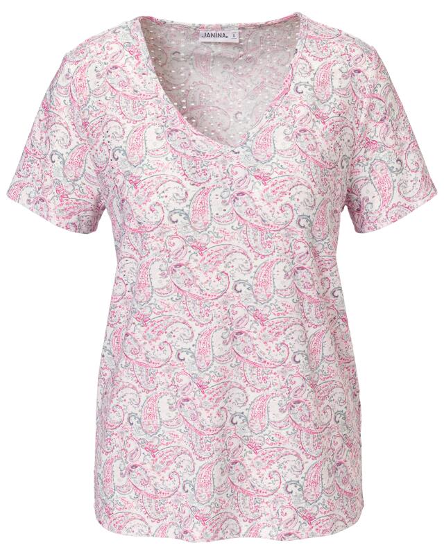 T-shirt à motif ajouré femme, rose imprimé (KiK T-Shirt mit Lochmuster (rosa bedruckt)) — KiK, produit allemand authentique au Maroc