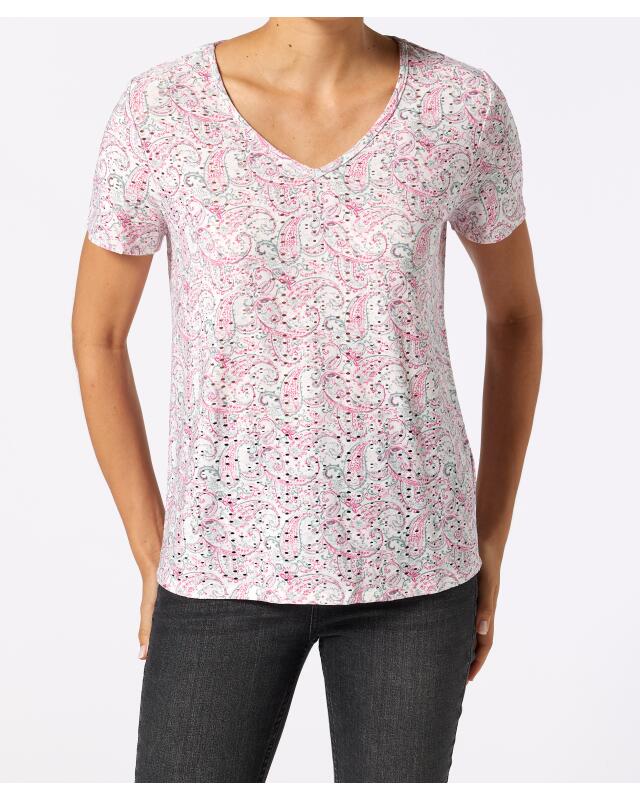 T-shirt à motif ajouré femme, rose imprimé (KiK T-Shirt mit Lochmuster (rosa bedruckt)) — KiK, produit allemand authentique au Maroc