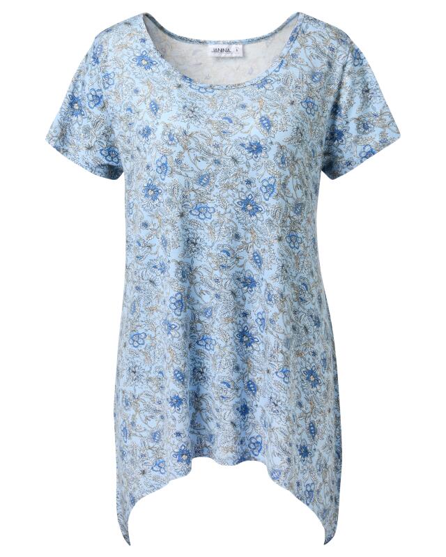 T-shirt à ourlet pointu femme, bleu imprimé (KiK Zipfelshirt (blau bedruckt)) — KiK, produit allemand authentique au Maroc