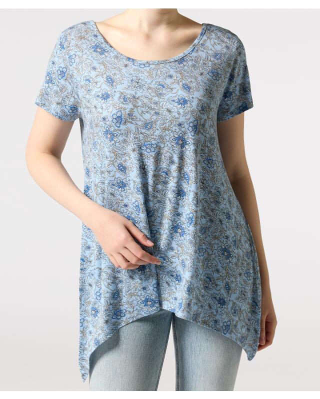 T-shirt à ourlet pointu femme, bleu imprimé (KiK Zipfelshirt (blau bedruckt)) — KiK, produit allemand authentique au Maroc