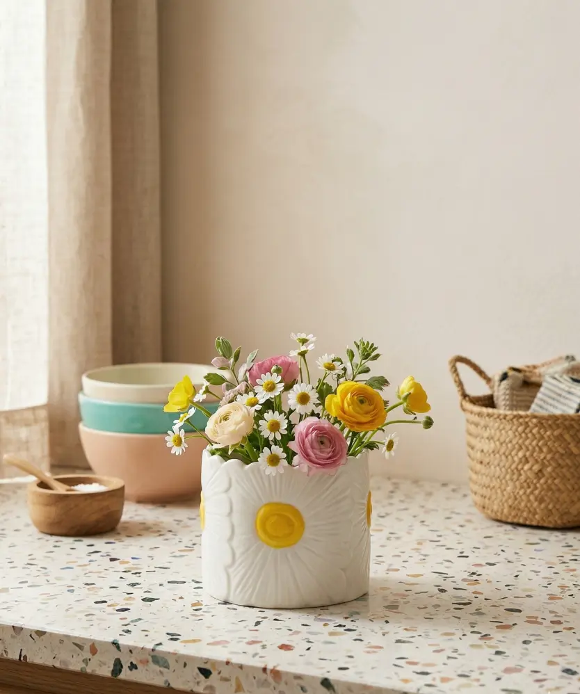 Keramikvase Frühling, weiß/gelb