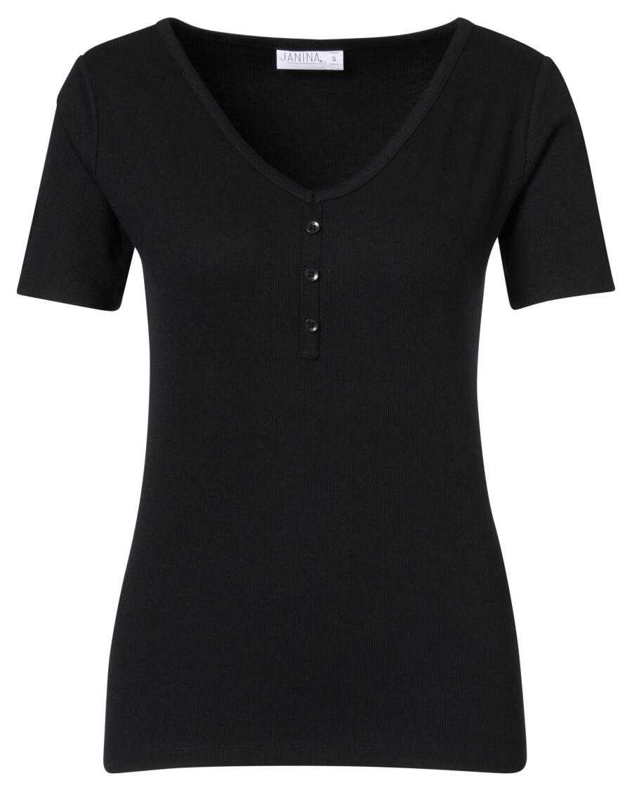 T-Shirt z ozdobną plisą guzikową Janina, V-dekolt
