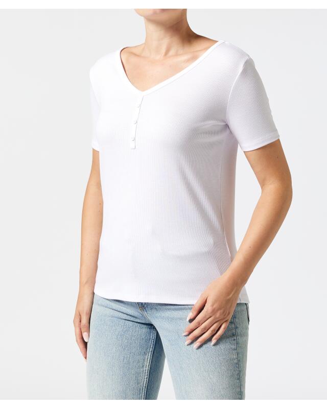 T-shirt à patte de boutons décorative femme, blanc (KiK T-Shirt mit Zierknopfleiste (weiß)) — KiK, produit allemand authentique au Maroc