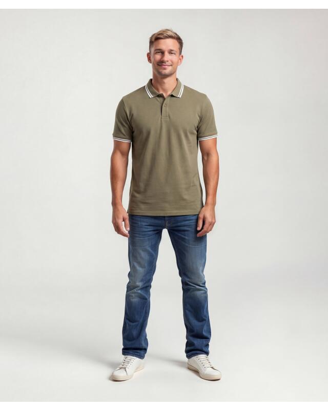 Polo shirt with contrast stripes for men, khaki (KiK Poloshirt mit Kontraststreifen (Khaki)) — KiK, authentic German product in Morocco