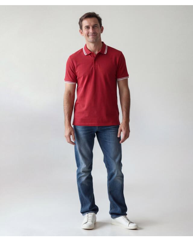 Polo shirt with contrast stripes for men, red (KiK Poloshirt mit Kontraststreifen (rot)) — KiK, authentic German product in Morocco