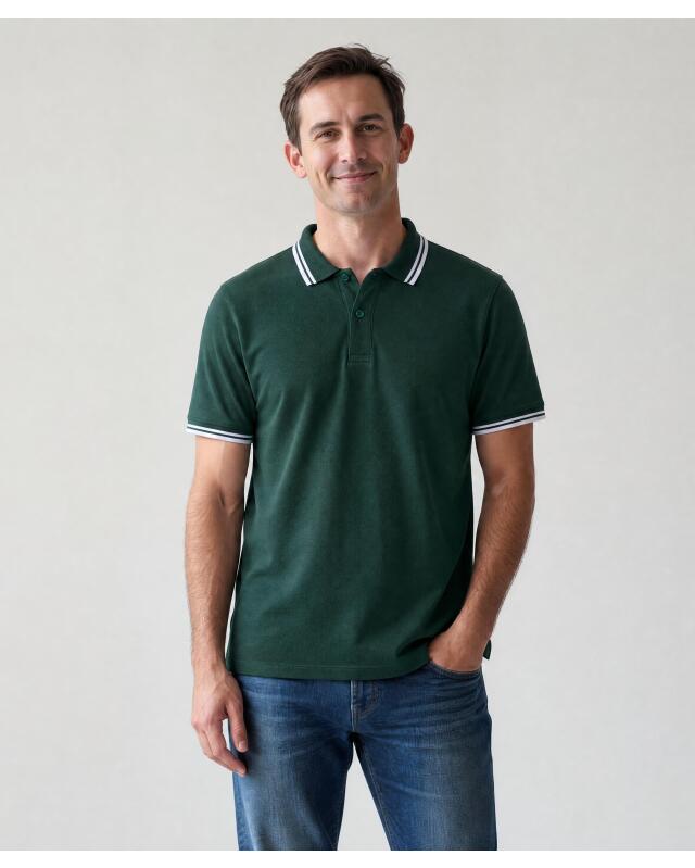 تيشيرت بولو بخطوط متباينة اللون للرجال، أخضر غامق (KiK Poloshirt mit Kontraststreifen (dunkelgrün)) — KiK, منتج ألماني أصلي في المغرب