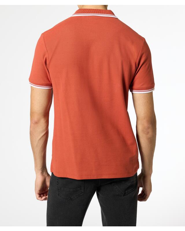 Polo shirt with contrast stripes for men, rust brown (KiK Poloshirt mit Kontraststreifen (rostbraun)) — KiK, authentic German product in Morocco