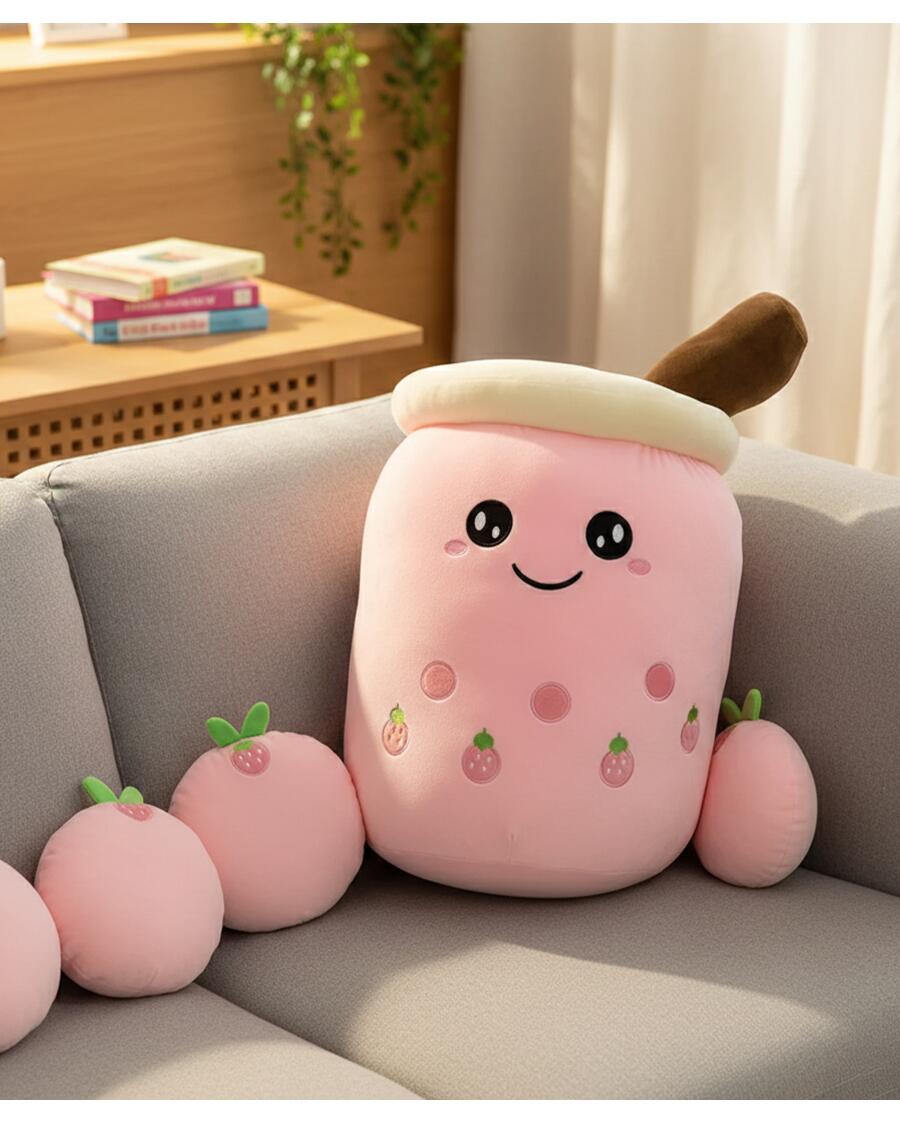 EXQULEG Bubble Tea pluche dier Boba, knuffel, pluche poppen, zacht knuffeldier, theekop, zachte pop, kussen, kinderspeelgoed, paars, ronde ogen, 35 cm