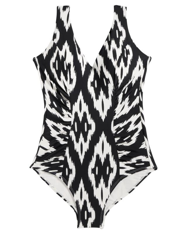 Maillot de bain à fronces femme, blanc imprimé (KiK Badeanzug mit Raffungen (weiß bedruckt)) — KiK, produit allemand authentique au Maroc