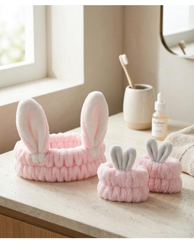Bandeau beauté + protège-poignets à oreilles de lapin femme, rose — KiK, produit allemand authentique au Maroc