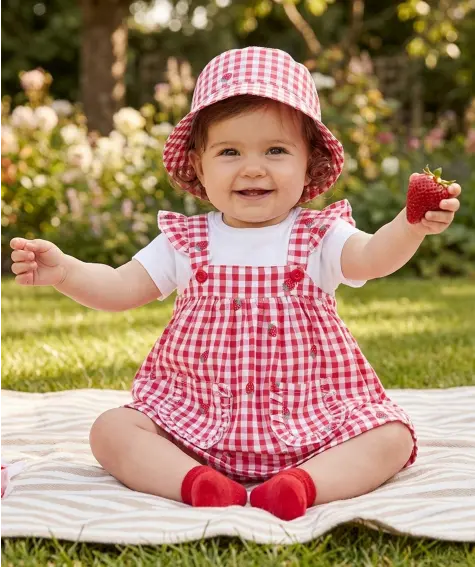 Fischerhut + Latzkleid + T-Shirt Erdbeeren
