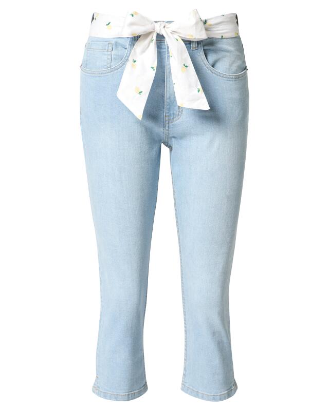 Jean capri avec ceinture en tissu femme, jean clair (KiK Capri-Jeans mit Stoffgürtel (jeansblau hell)) — KiK, produit allemand authentique au Maroc
