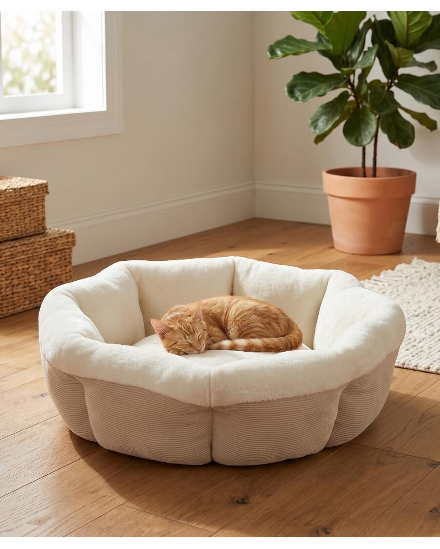 Rundes Heimtierbett Cord und Fleece, Beige
