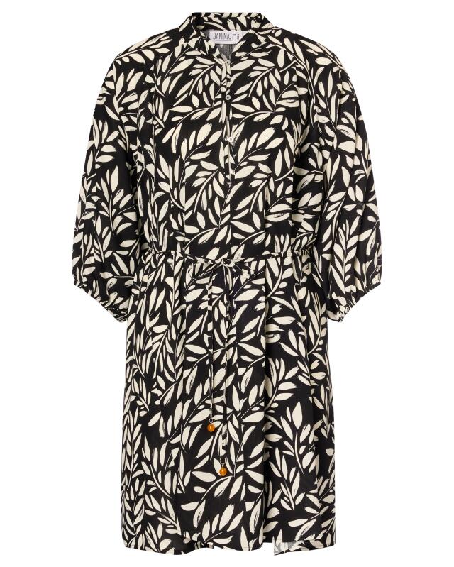Robe chemisier à motif feuilles femme, noir/blanc (KiK Blusenkleid mit Blattmuster (schwarz/weiß)) — KiK, produit allemand authentique au Maroc