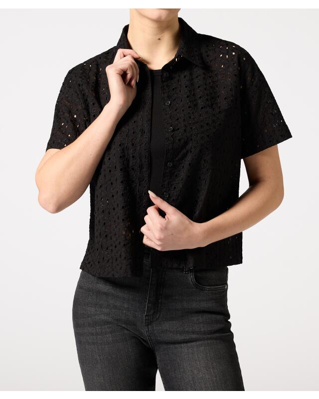 Short-sleeve blouse with eyelet pattern for women, black — KiK, authentic German product in Morocco