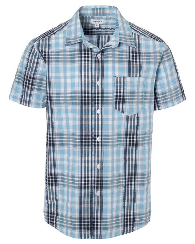 Chemise en seersucker à boutonnage homme, bleu à carreaux (KiK Seersucker-Hemd mit Knopfleiste (blau kariert)) — KiK, produit allemand authentique au Maroc