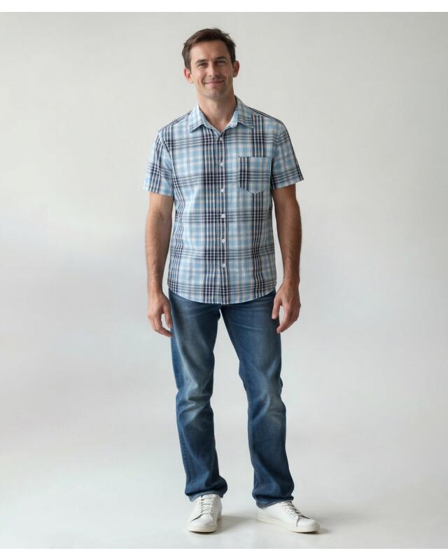 Seersucker shirt with button placket for men, blue checked — KiK, authentic German product in Morocco