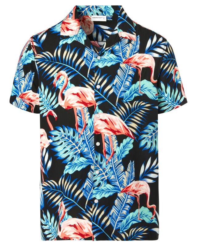 Chemise à flamants roses homme, noir imprimé (KiK Hemd mit Flamingos (schwarz bedruckt)) — KiK, produit allemand authentique au Maroc