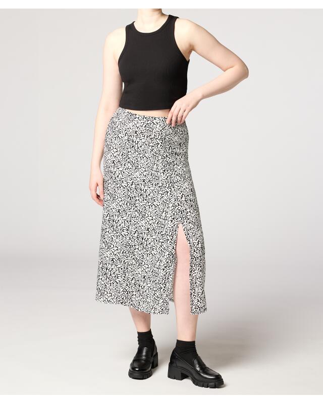 Midi skirt with long slit for women, black printed — KiK, authentic German product in Morocco