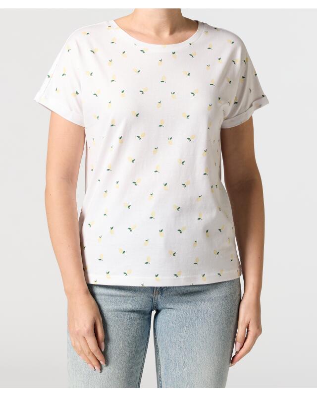 تيشيرت بأكمام مطوية للنساء، أبيض مطبوع (KiK T-Shirt mit umgeschlagenen Ärmeln (weiß bedruckt)) — KiK, منتج ألماني أصلي في المغرب