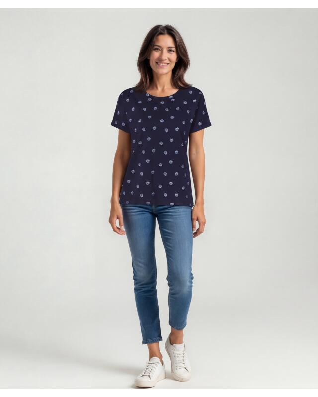 T-shirt à manches retroussées femme, bleu marine imprimé (KiK T-Shirt mit umgeschlagenen Ärmeln (dunkelblau bedruckt)) — KiK, produit allemand authentique au Maroc