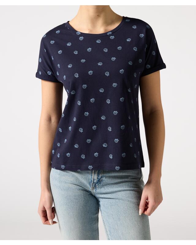 T-shirt à manches retroussées femme, bleu marine imprimé (KiK T-Shirt mit umgeschlagenen Ärmeln (dunkelblau bedruckt)) — KiK, produit allemand authentique au Maroc