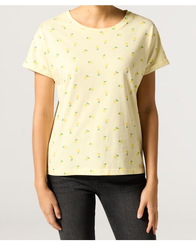 T-shirt à manches retroussées femme, jaune clair imprimé (KiK T-Shirt mit umgeschlagenen Ärmeln (hellgelb bedruckt)) — KiK, produit allemand authentique au Maroc