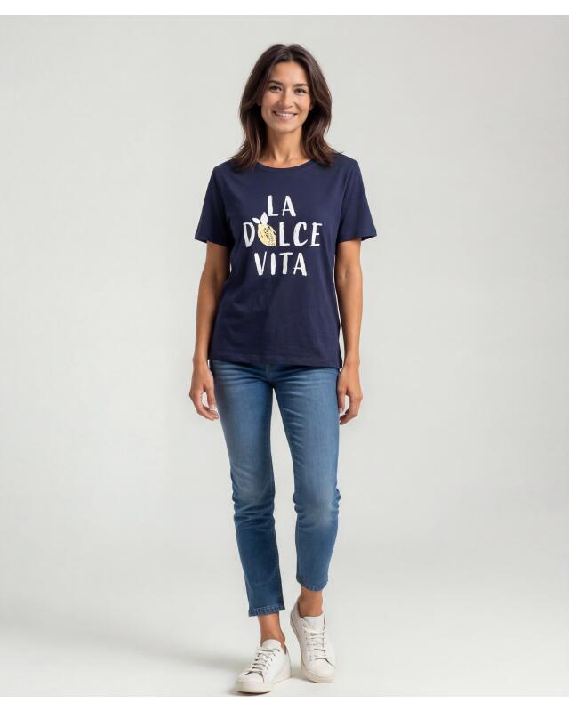 T-shirt à imprimé estival femme, bleu marine imprimé (KiK T-Shirt mit sommerlichem Print (dunkelblau bedruckt)) — KiK, produit allemand authentique au Maroc