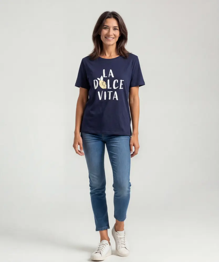 T-shirt met zomerse print voor Dames, donkerblauw bedrukt