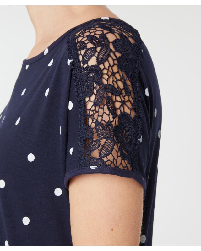T-shirt à pois femme, bleu marine imprimé (KiK Gepunktetes T-Shirt (dunkelblau bedruckt)) — KiK, produit allemand authentique au Maroc