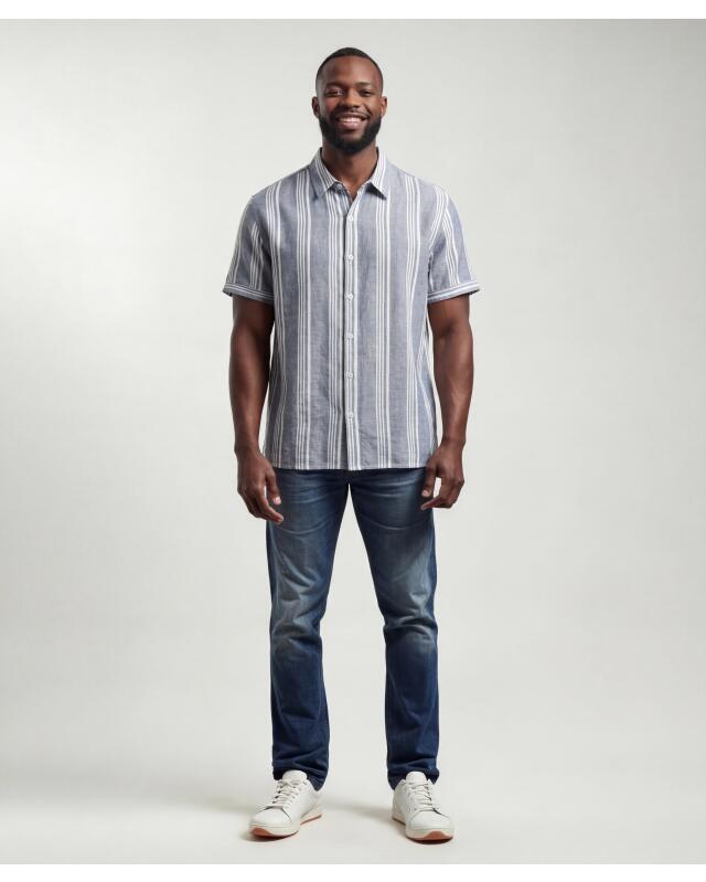 Linen-blend shirt for men, blue/white — KiK, authentic German product in Morocco