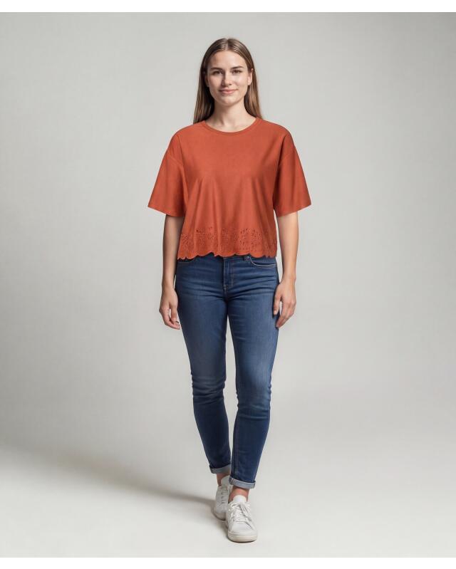T-shirt à broderie anglaise femme, marron rouille (KiK T-Shirt mit Lochstickereien (rostbraun)) — KiK, produit allemand authentique au Maroc