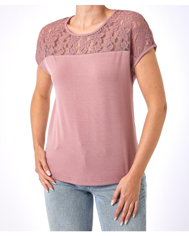 T-shirt à empiècement en dentelle femme, rose foncé (KiK T-Shirt mit Spitzeneinsatz (dunkelrosa)) — KiK, produit allemand authentique au Maroc