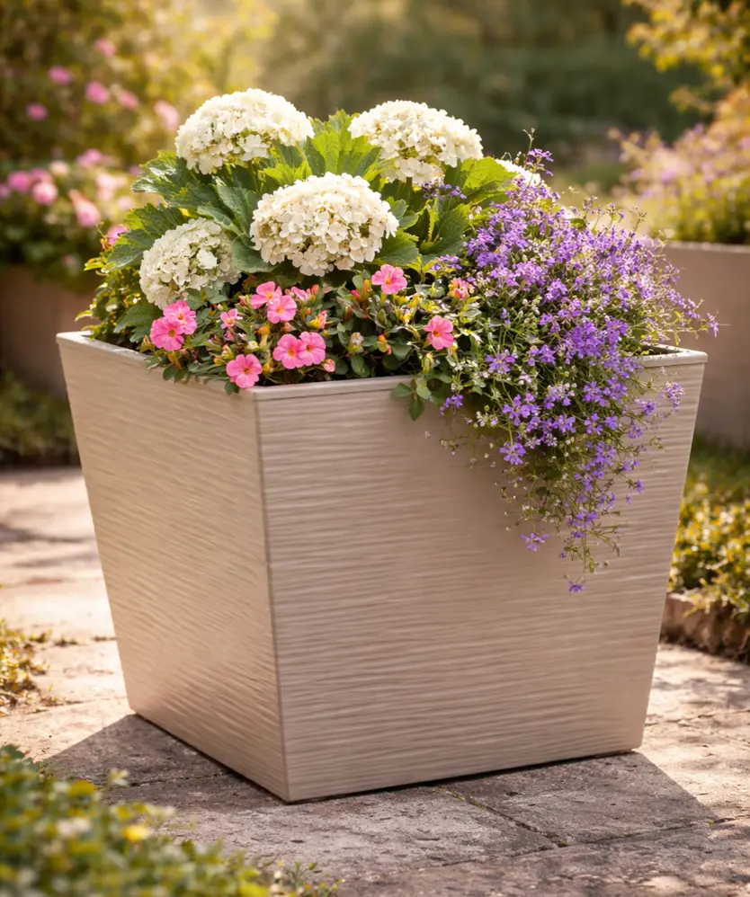 bunt bepflanzte blumenksten Blumenkasten in Sonderfarbe & Wunschfarbe