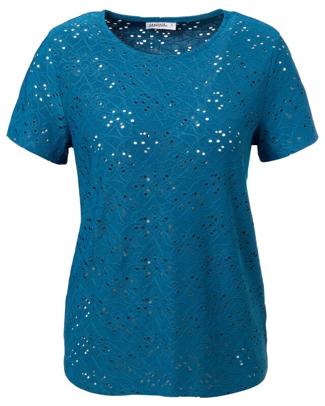 T-shirt à motif ajouré femme, bleu pétrole (KiK T-Shirt mit Lochmuster (petrol)) — KiK, produit allemand authentique au Maroc