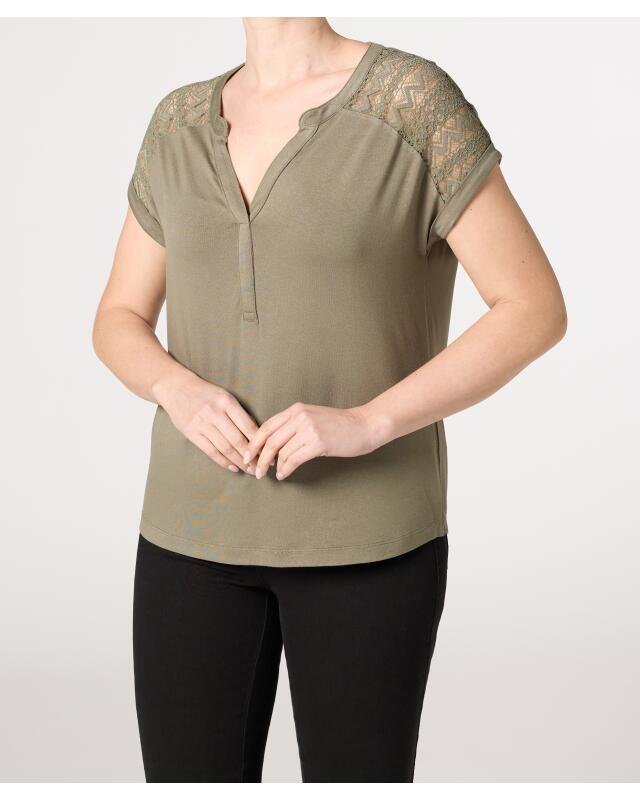 T-shirt à empiècement en dentelle femme, kaki (KiK T-Shirt mit Einsatz aus Spitze (Khaki)) — KiK, produit allemand authentique au Maroc
