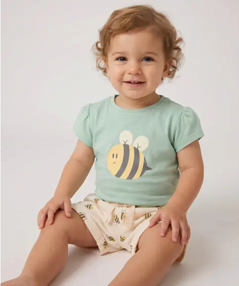 Baby T-shirt + mousseline korte broek met bijen