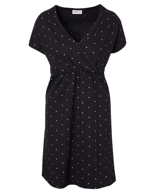 Chemise de nuit d'allaitement effet cache-cœur femme, noir imprimé (KiK Stillnachthemd mit Wickeloptik (schwarz bedruckt)) — KiK, produit allemand authentique au Maroc