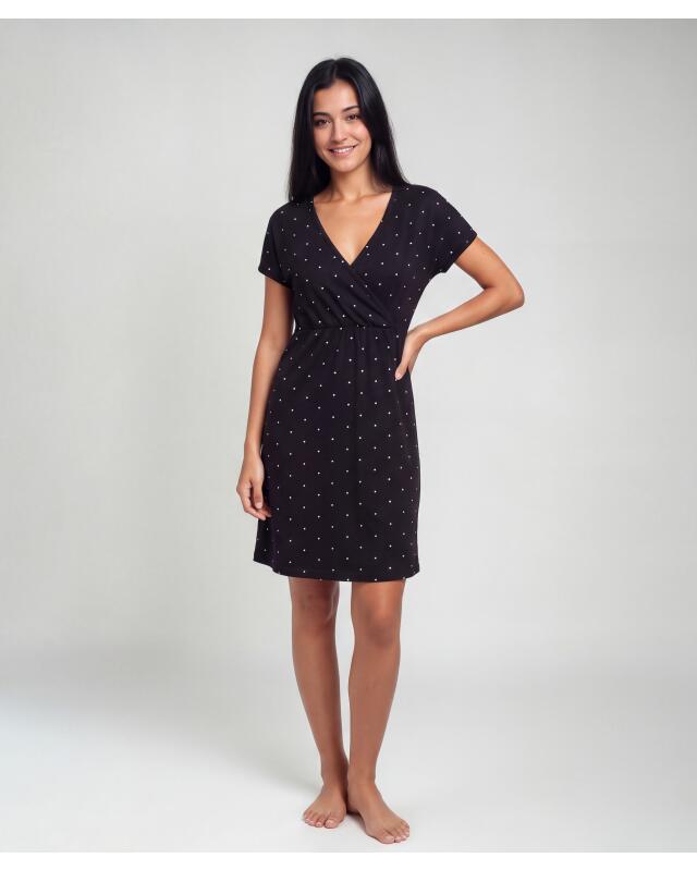 Chemise de nuit d'allaitement effet cache-cœur femme, noir imprimé (KiK Stillnachthemd mit Wickeloptik (schwarz bedruckt)) — KiK, produit allemand authentique au Maroc