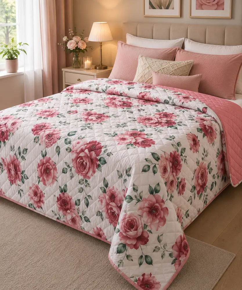 Tagesdecke mit Wendefunktion, rosa bedruckt