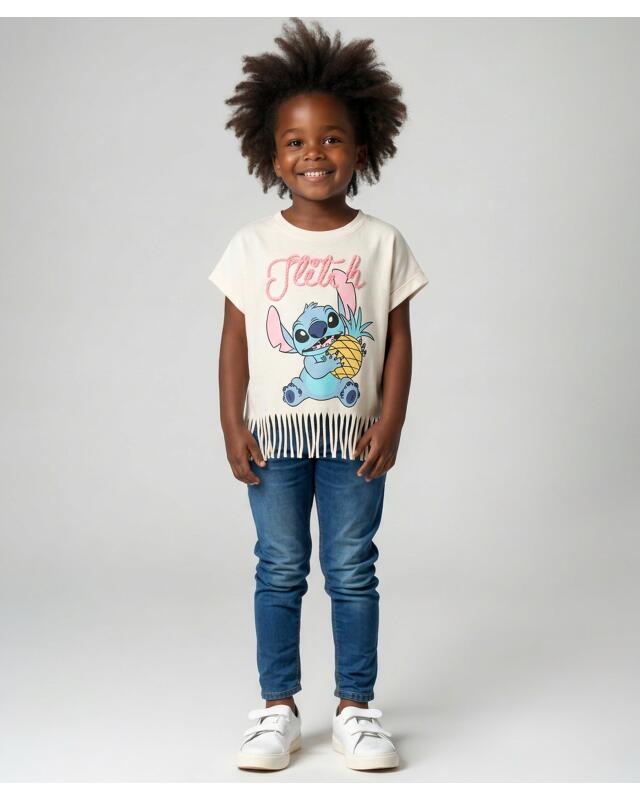 T-shirt Stitch à franges fille, crème (KiK Stitch T-Shirt mit Fransen (creme)) — KiK, produit allemand authentique au Maroc