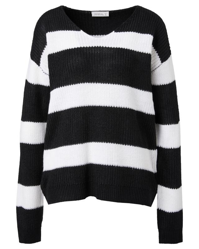 Pull en maille rayé femme, noir/blanc (KiK Gestreifter Strickpullover (schwarz/weiß)) — KiK, produit allemand authentique au Maroc