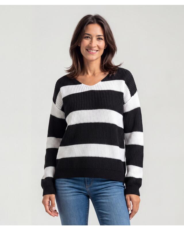 Pull en maille rayé femme, noir/blanc (KiK Gestreifter Strickpullover (schwarz/weiß)) — KiK, produit allemand authentique au Maroc
