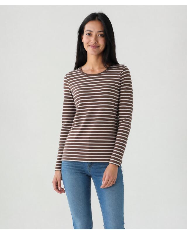 T-shirt manches longues à rayures femme, blanc/marron clair (KiK Gestreiftes Langarmshirt (weiß/hellbraun)) — KiK, produit allemand authentique au Maroc
