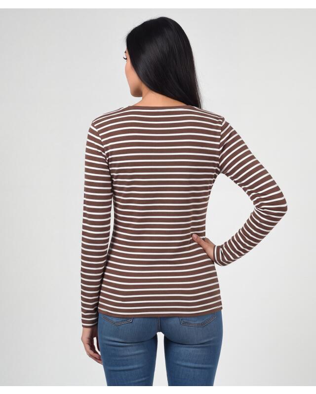 T-shirt manches longues à rayures femme, blanc/marron clair (KiK Gestreiftes Langarmshirt (weiß/hellbraun)) — KiK, produit allemand authentique au Maroc