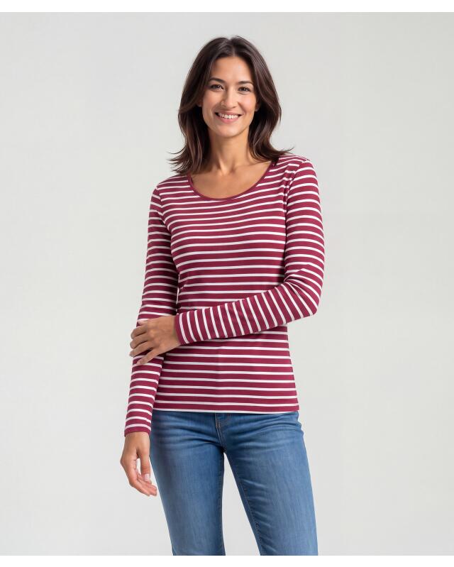 T-shirt manches longues à rayures femme, blanc/baie (KiK Gestreiftes Langarmshirt (weiß/Beere)) — KiK, produit allemand authentique au Maroc