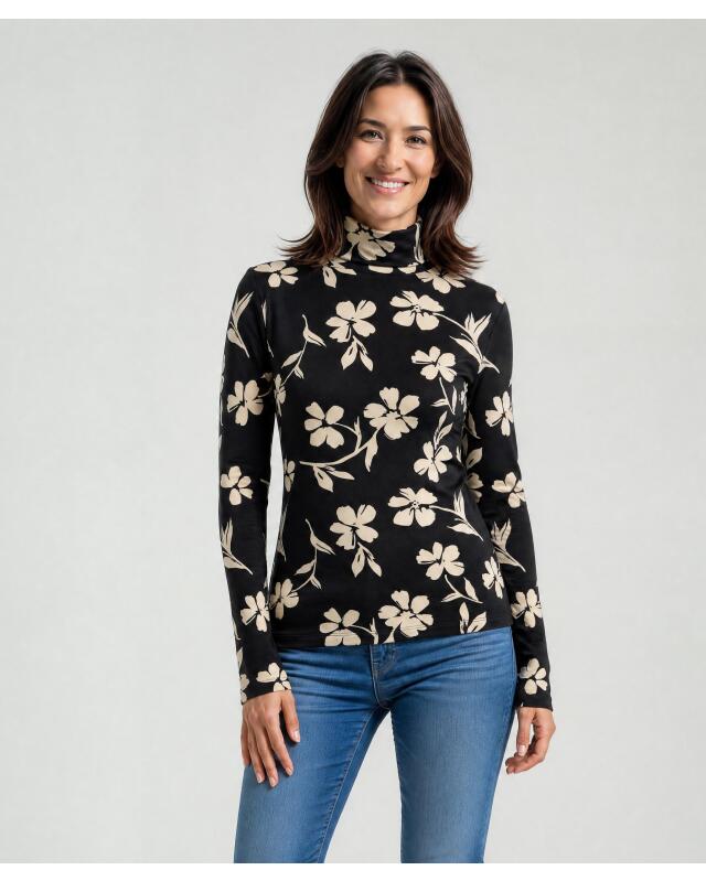 T-shirt manches longues à fleurs femme, noir imprimé (KiK Langarmshirt mit Blumen (schwarz bedruckt)) — KiK, produit allemand authentique au Maroc